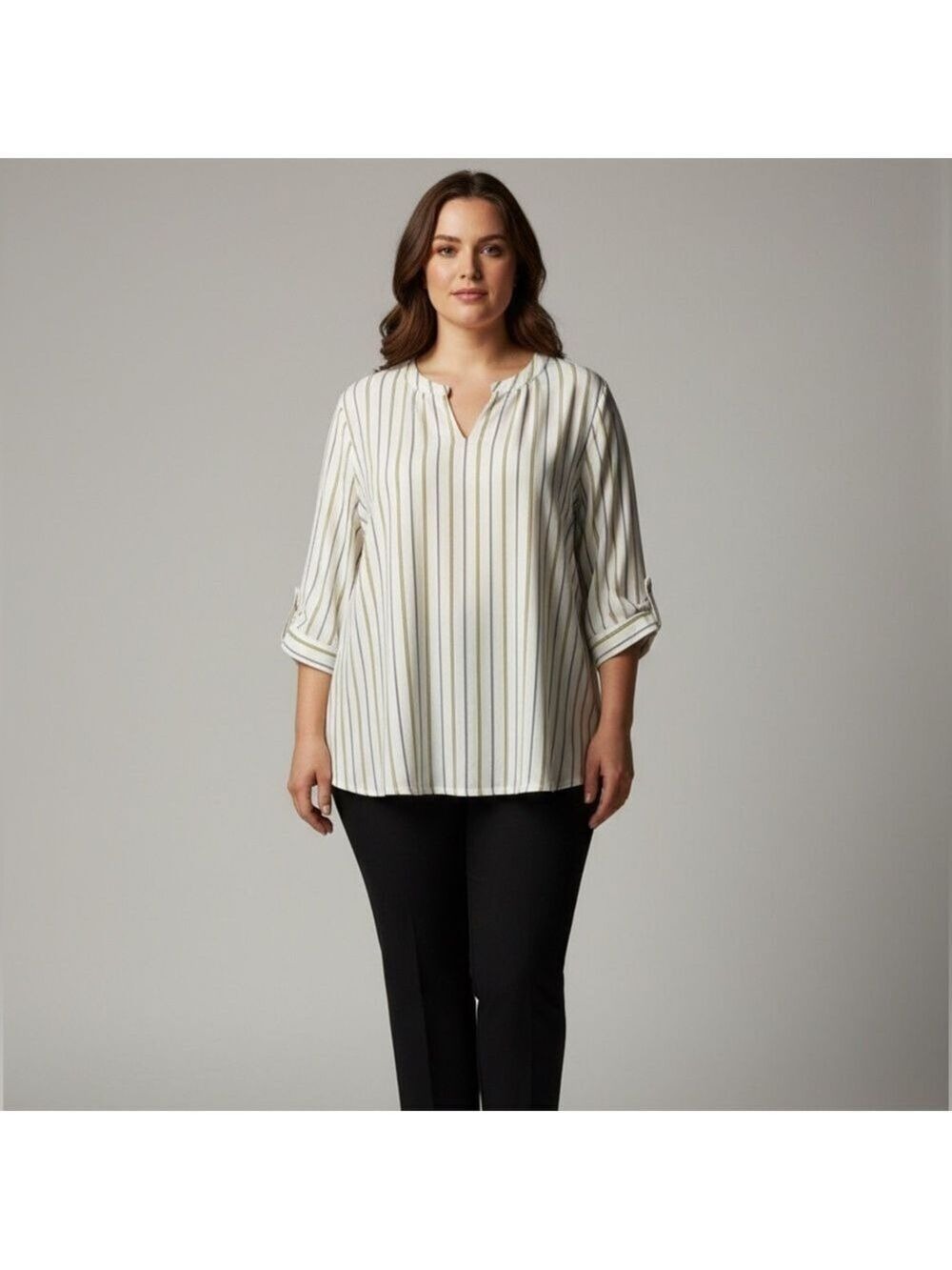 PerSéption Women's Plus 3X Striped pullover blouse White greenish Yellow black